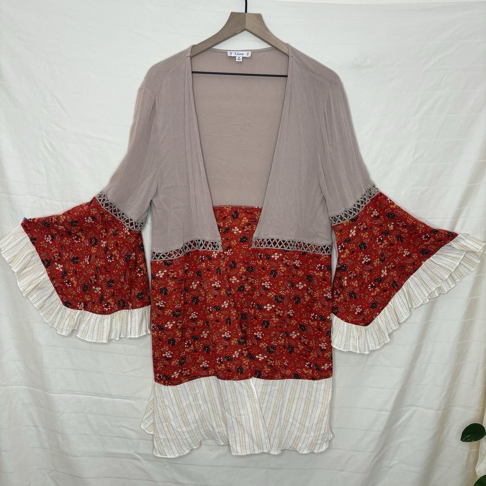 Boho Bell Sleeve Kimono‎ Cardigan Duster Beige Festival Witchy Peasant Rust Red